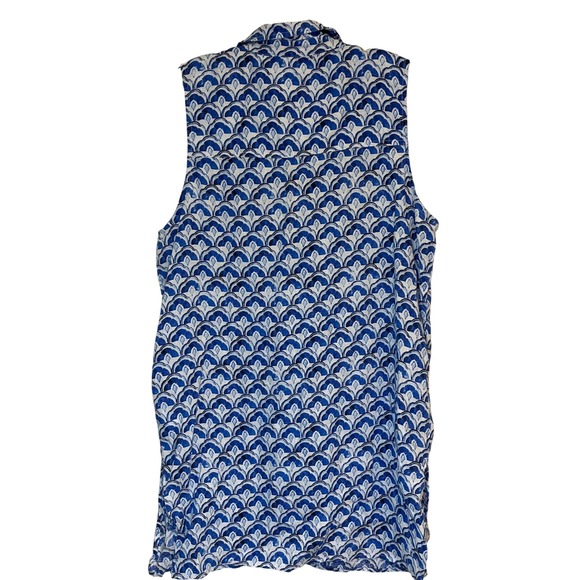 Sigrid Olsen Blouse Blue White Print 100% Linen Flax Sleeveless Tunic Shirt XL - Picture 2 of 6